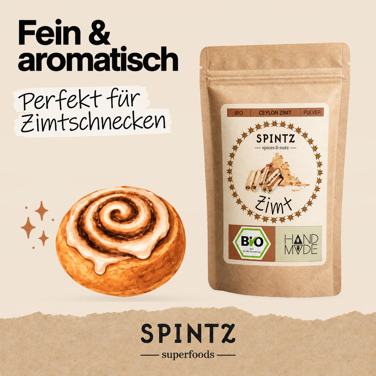 SPINTZ Bio-Ceylon-Zimt, fein gemahlen, neben einer illustrierten Zimtschnecke.