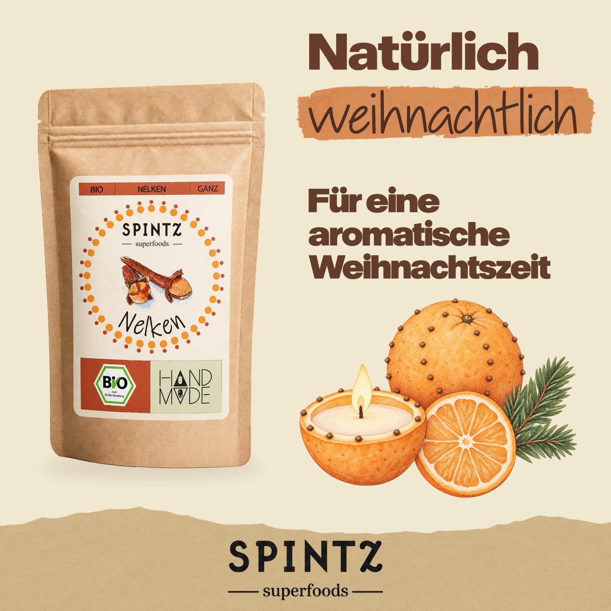SPINTZ Bio-Nelken für weihnachtliche Duftorangen, neben einer mit Nelken gespickten Orange.