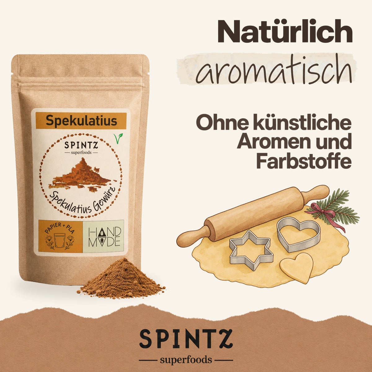 SPINTZ Spekulatiusgewürz ohne künstliche Aromen und Farbstoffe, neben Plätzchenteig und Nudelholz.