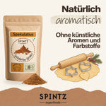 SPINTZ Spekulatiusgewürz ohne künstliche Aromen und Farbstoffe, neben Plätzchenteig und Nudelholz.