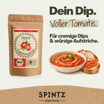 SPINTZ Bio-Tomatenpulver für cremige Dips und würzige Aufstriche, dargestellt mit Tomatendip und Brot.