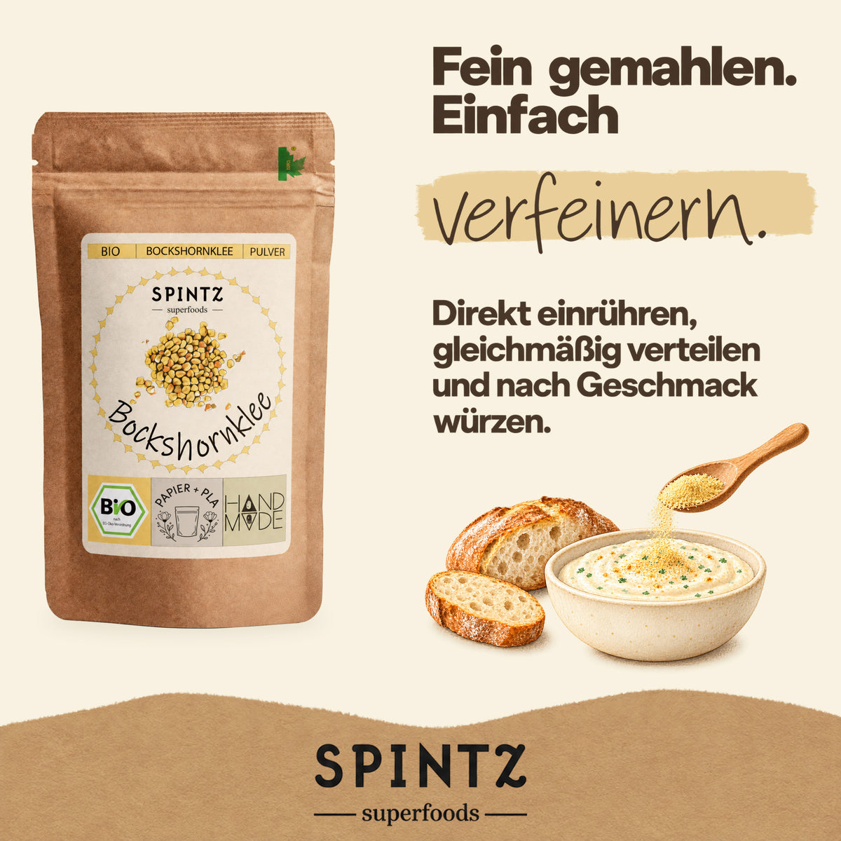 SPINTZ Bio-Bockshornklee als Gewürz für Currys, Dal und Gemüsegerichte, neben einer Schale Curry.