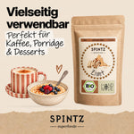 SPINTZ Bio-Ceylon-Zimt für Kaffee, Porridge und Desserts, dargestellt mit Tasse und Frühstücksschale.