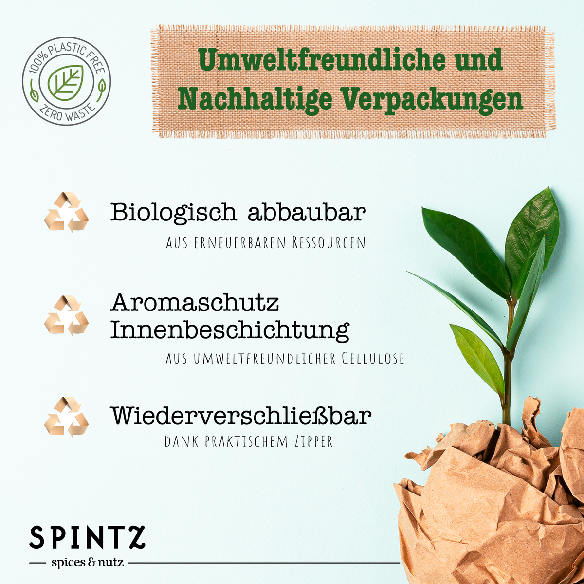 Nachhaltige SPINTZ Verpackung mit Zellulose-Innenbeschichtung und wiederverschließbarem Zipper