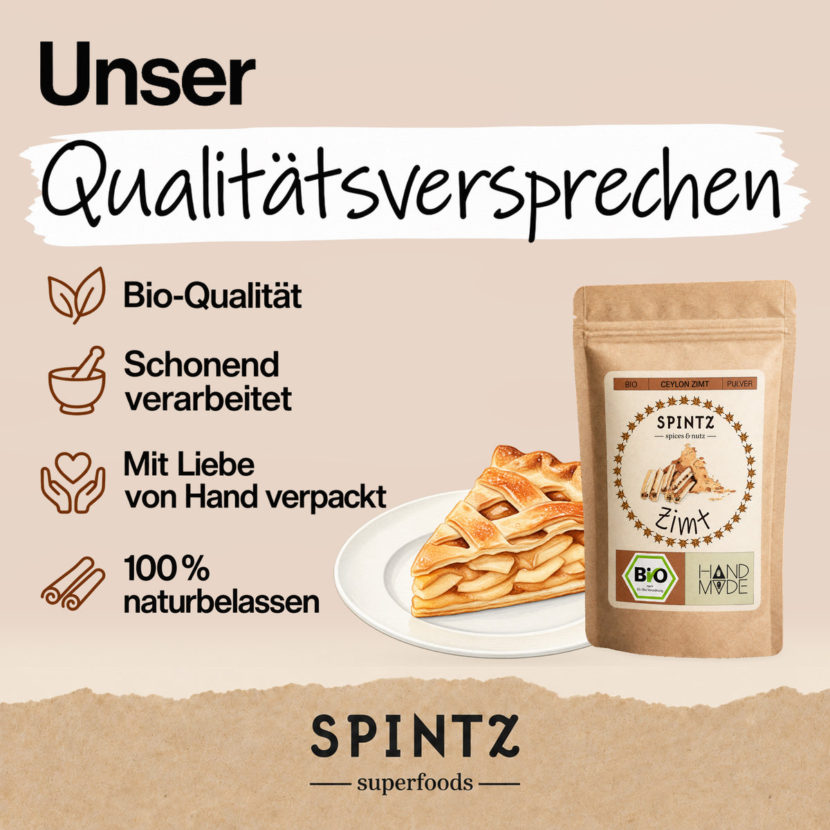 SPINTZ Bio-Ceylon-Zimt neben Apfelkuchen mit Qualitätsversprechen: Bio, schonend verarbeitet und naturbelassen.