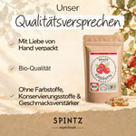 Qualitätsversprechen für SPINTZ Bio-Hagebutten-Kapseln: von Hand verpackt und mit Bio Qualität.