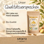 Qualitätsversprechen für SPINTZ Bio-Ingwer-Kapseln: Bio-Qualität und Verpackung von Hand.