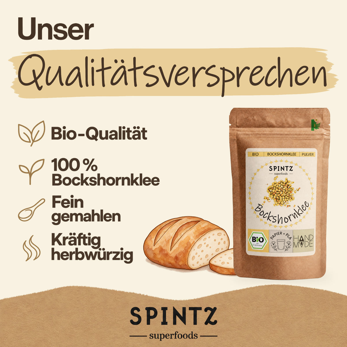 Qualitätsversprechen von SPINTZ: Bio-Bockshornkleesamen, fein gemahlen und kräftig-herbwürzig.