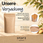 Verpackung der SPINTZ Bio-Ingwer-Kapseln mit Zipper, Standboden und PLA-Beschichtung aus nachwachsenden Rohstoffen.