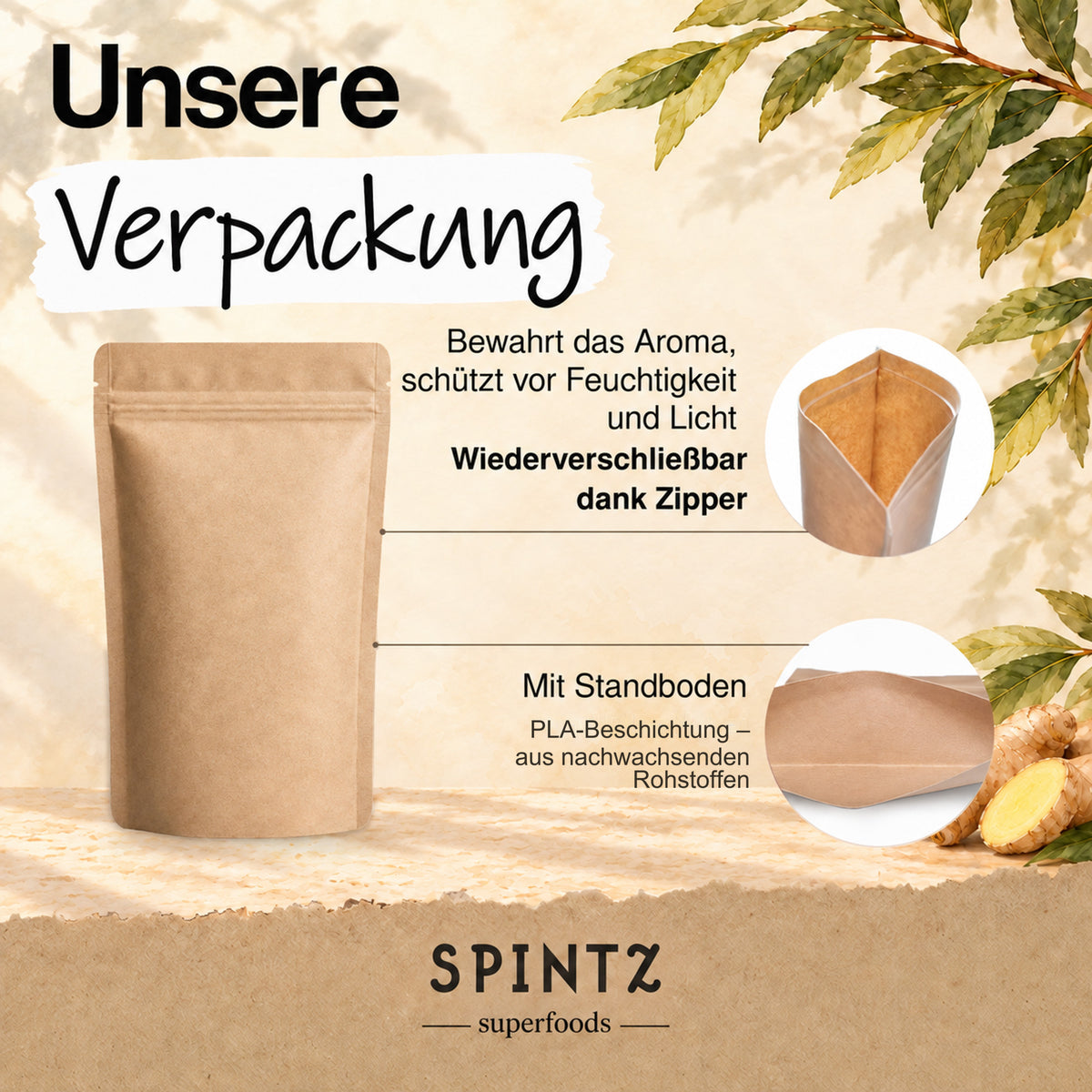 Verpackung der SPINTZ Bio-Ingwer-Kapseln mit Zipper, Standboden und PLA-Beschichtung aus nachwachsenden Rohstoffen.