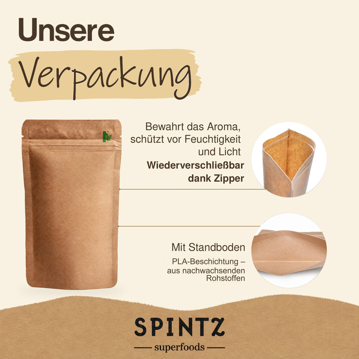 Verpackung des SPINTZ Bio-Bockshornklees mit Zipper, Standboden und PLA-Beschichtung aus nachwachsenden Rohstoffen.