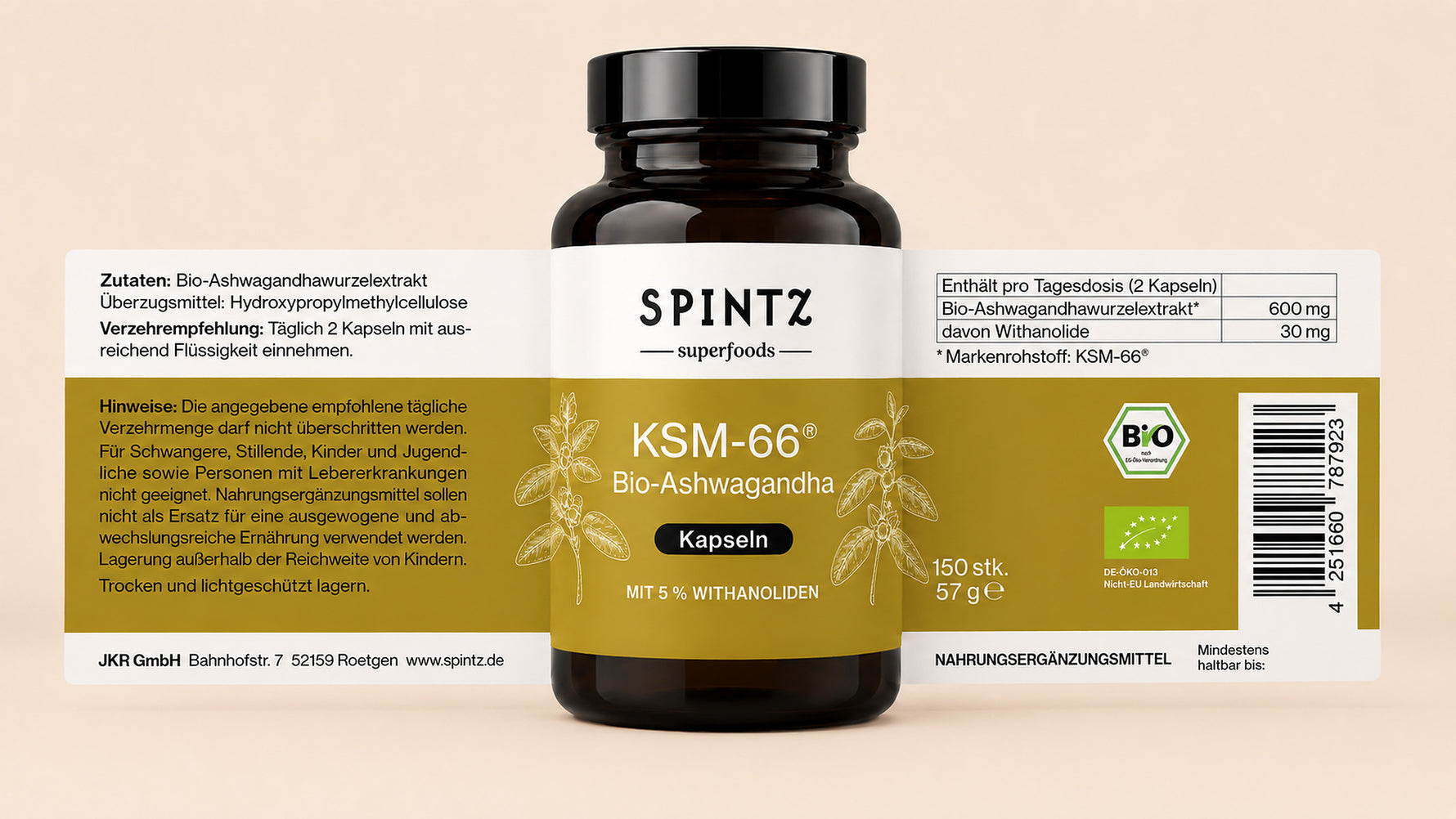SPINTZ KSM-66 Ashwagandha Glasflasche mit vollständiger Vorder- und Rückansicht des Produktetiketts