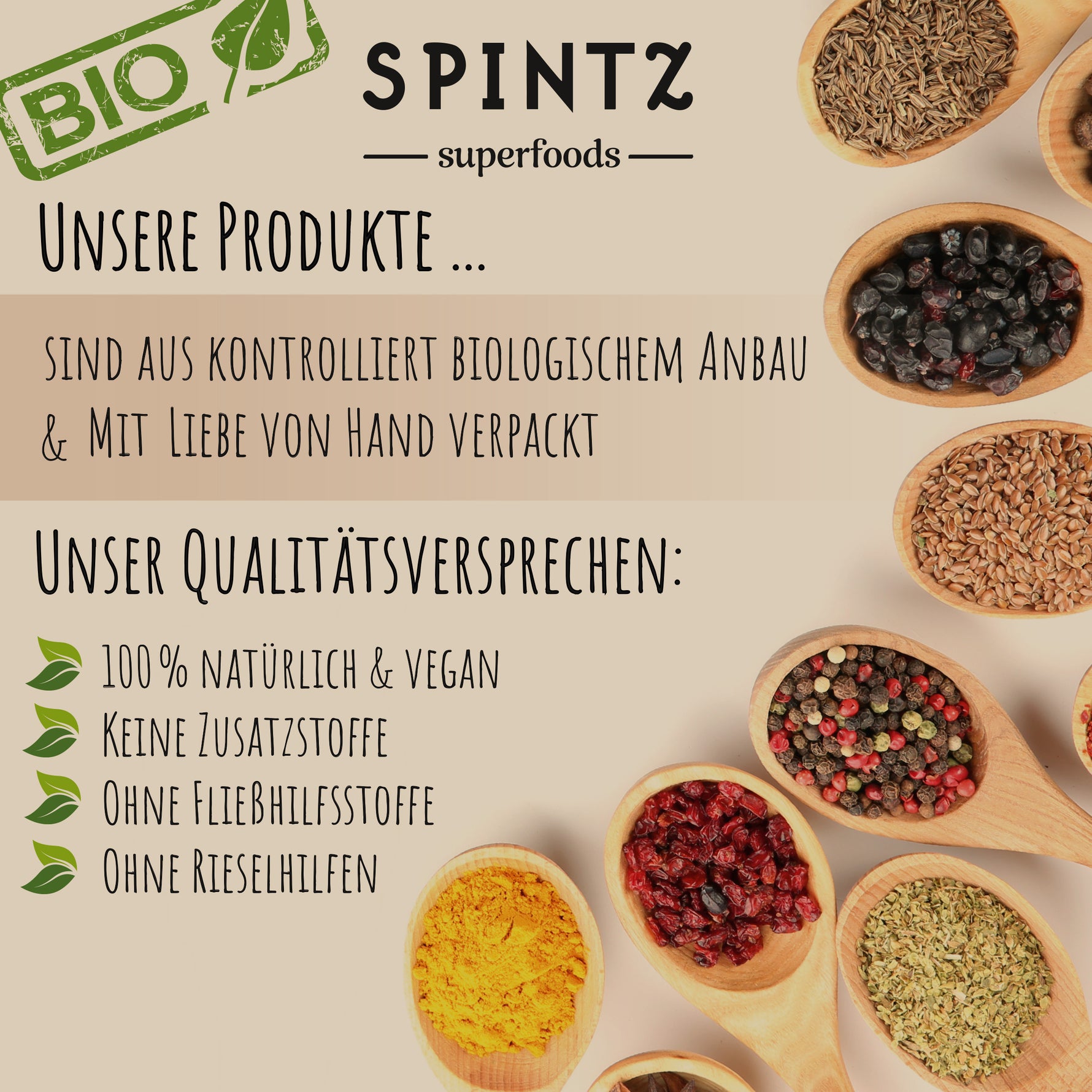 Qualitätsversprechen von SPINTZ: 100 Prozent natürlich und vegan, ohne Zusatzstoffe, ohne Füllstoffe und ohne Rieselhilfen, daneben verschiedene Bio-Gewürze in Holzlöffeln