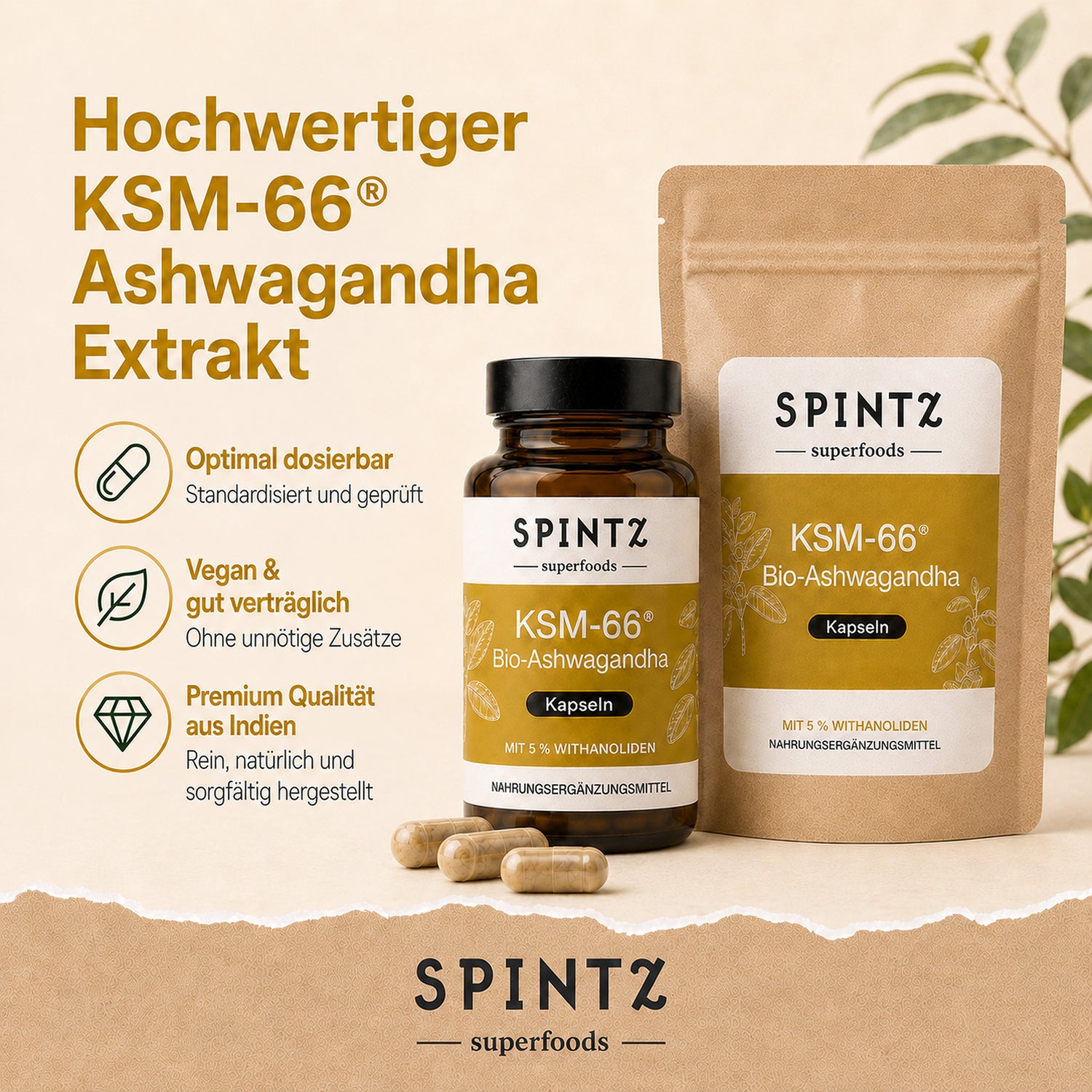 SPINTZ KSM-66 Bio-Ashwagandha Kapseln mit Informationen zu Extrakt, Withanoliden und veganer Rezeptur