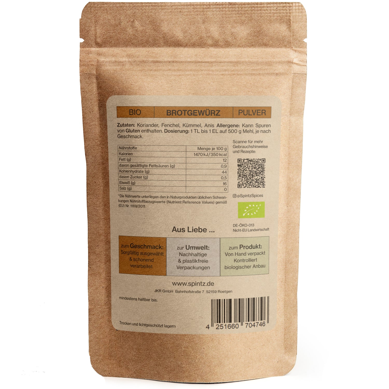 Rückseite der SPINTZ Bio Brotgewürz Verpackung mit Zutaten, Nährwerten und Bio-Siegel