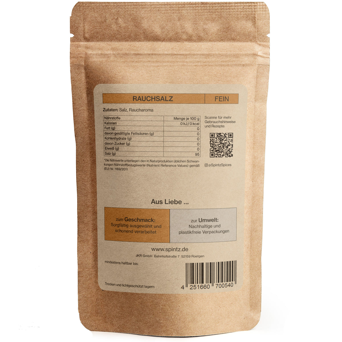Rückseite der SPINTZ Bio Rauchsalz Verpackung mit Bio-Kontrollstelle, Inhaltsangaben und Herstelleradresse