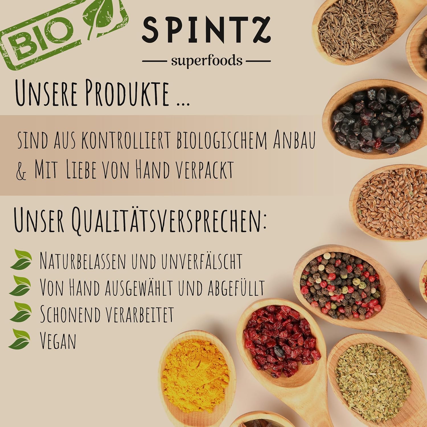 SPINTZ Superfoods – Bio-Produkte aus kontrolliert biologischem Anbau, von Hand verpackt. Natürlich, vegan, unverfälscht und schonend verarbeitet