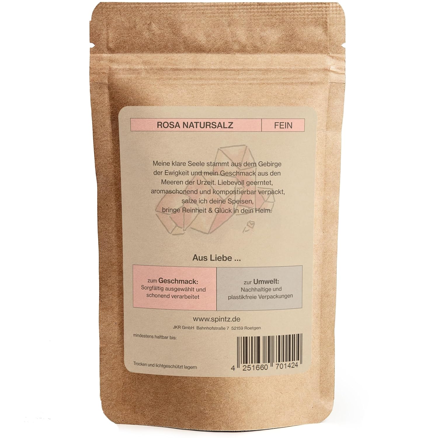 Rückseite der SPINTZ Rosa Natursalz Verpackung mit Inhaltsangaben und Herkunftshinweis