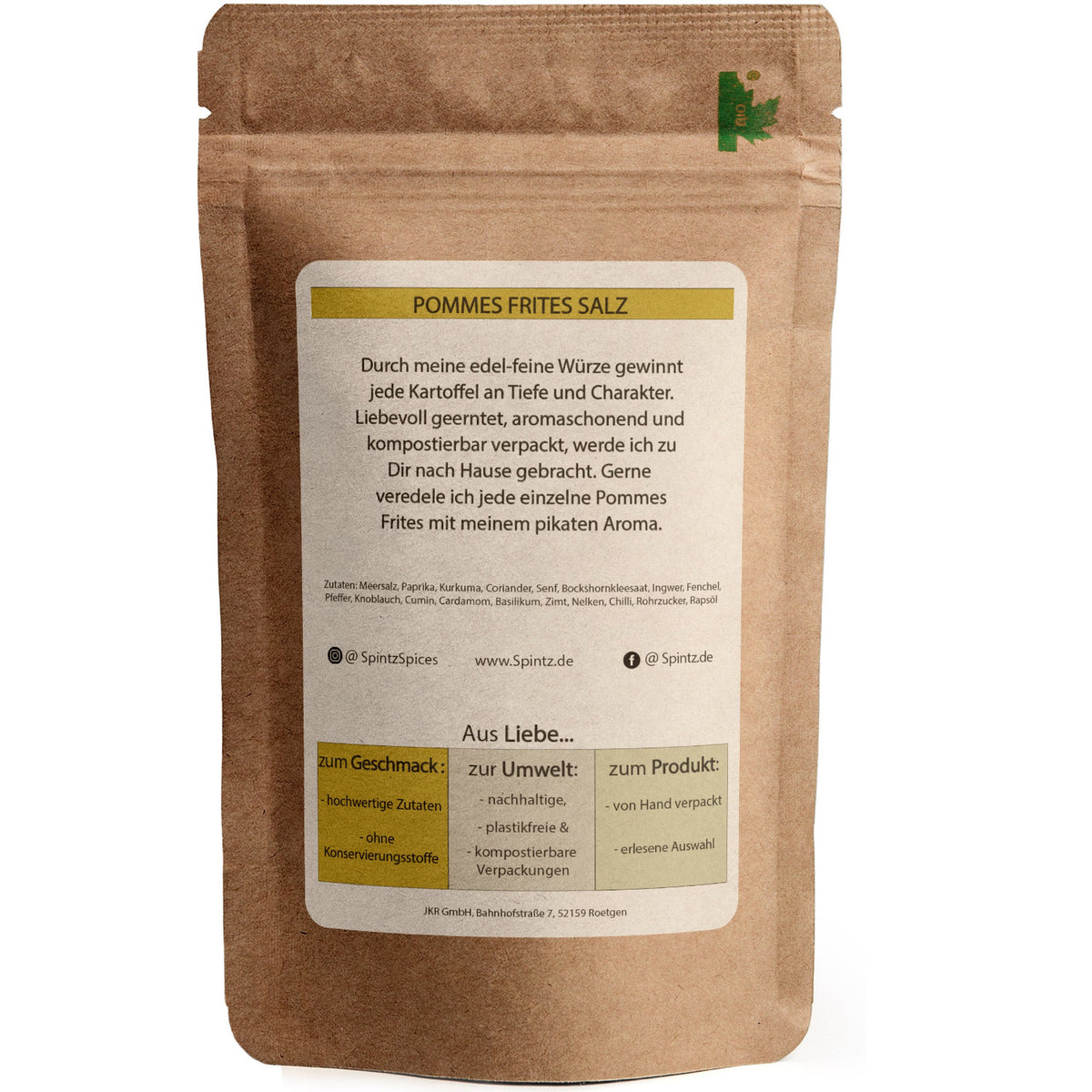 Rückseite der SPINTZ Pommes Salz Verpackung mit Zutatenliste, Anwendung und Bio-Kennzeichnung