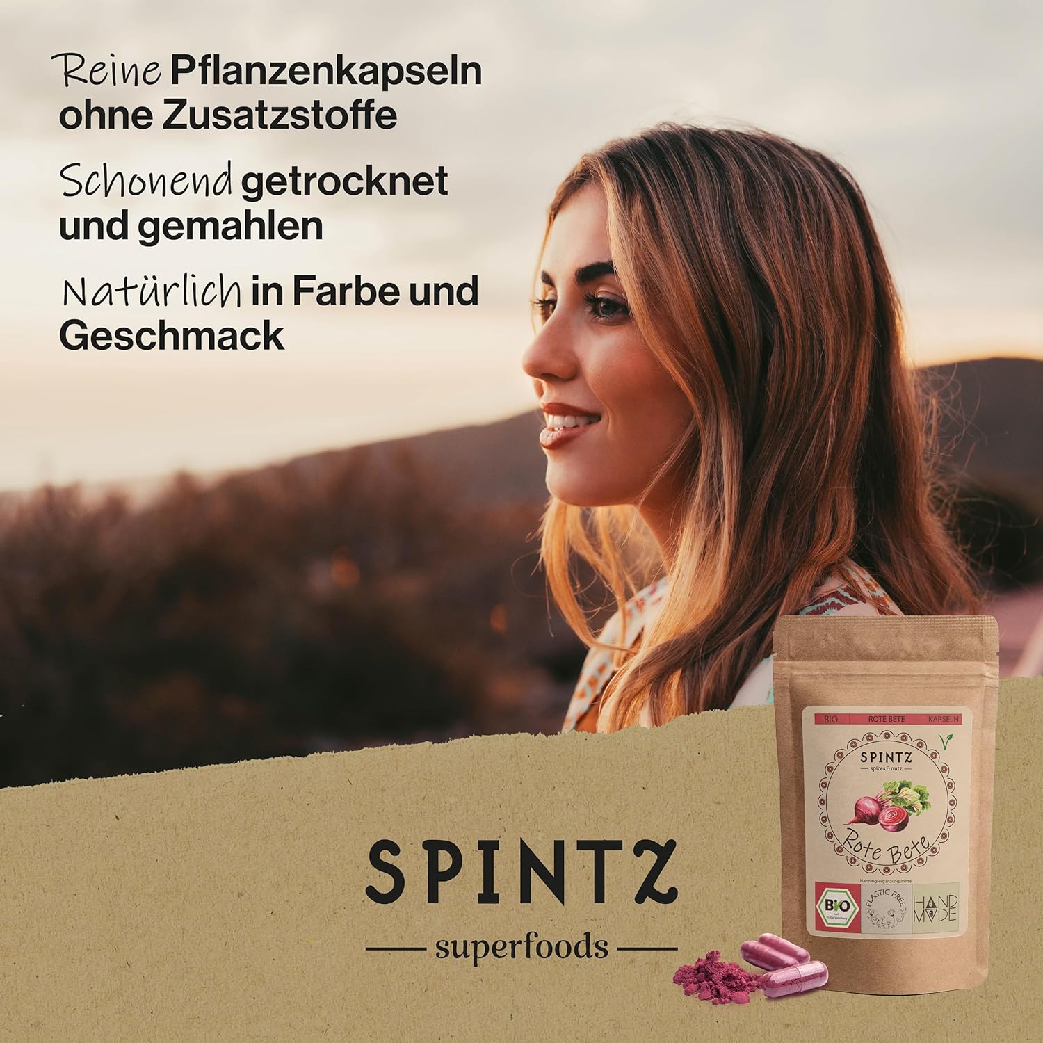 SPINTZ Bio Rote-Bete-Kapseln – reine pflanzliche Kapseln ohne Zusatzstoffe, schonend getrocknet und gemahlen; natürliche Farbe und Geschmack, Produktpackung vor Sonnenuntergang mit Frau im Hintergrund