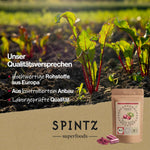 Bio Rote Bete von SPINTZ – Qualitätsversprechen mit frischer Rote-Bete-Pflanze auf dem Feld, kontrolliert biologischer Anbau aus Europa, laborgeprüfte Qualität, nachhaltiges Superfood im umweltfreundlichen Doypack