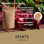Nachhaltige SPINTZ-Verpackung aus biologisch abbaubarer Zellulose mit Zipper, schützt Aroma von Bio Rote-Bete-Pulver, Produktdarstellung vor frischen Rote-Bete-Knollen für Premium-Superfood