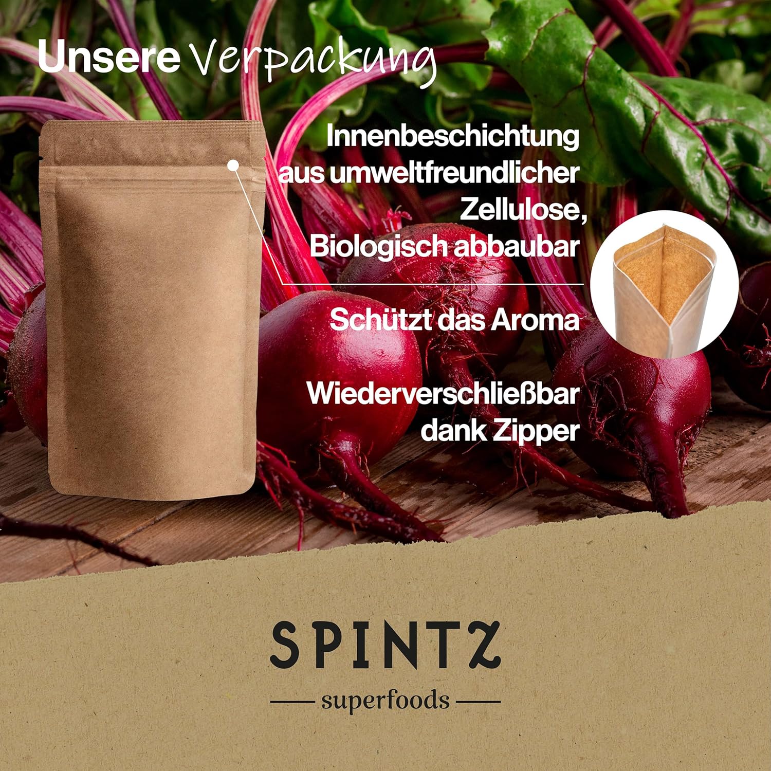 Nachhaltige SPINTZ-Verpackung aus biologisch abbaubarer Zellulose mit Zipper, schützt Aroma von Bio Rote-Bete-Pulver, Produktdarstellung vor frischen Rote-Bete-Knollen für Premium-Superfood