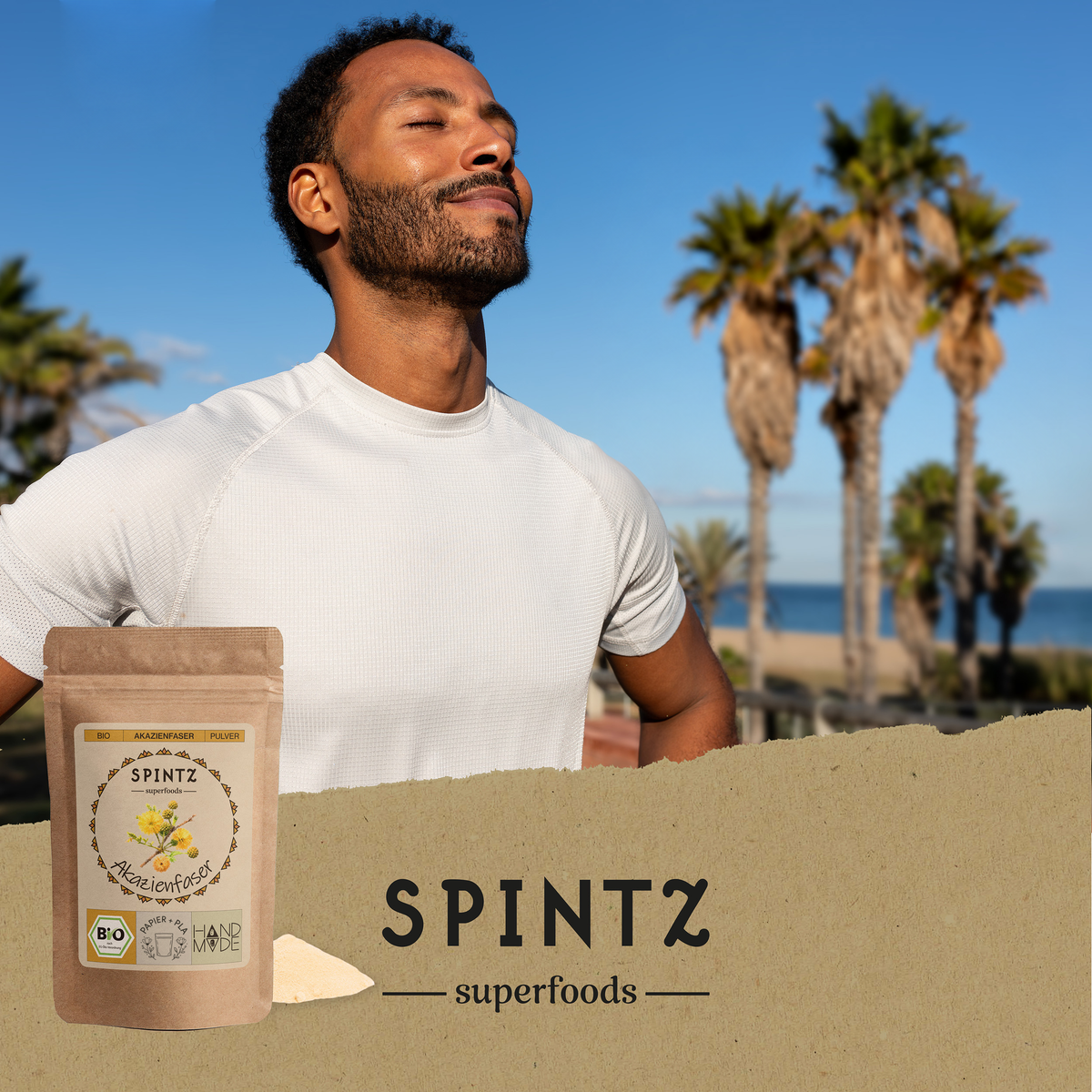 Anwendungsbild mit SPINTZ Bio Akazienfaser Pulver und einem Mann am Strand