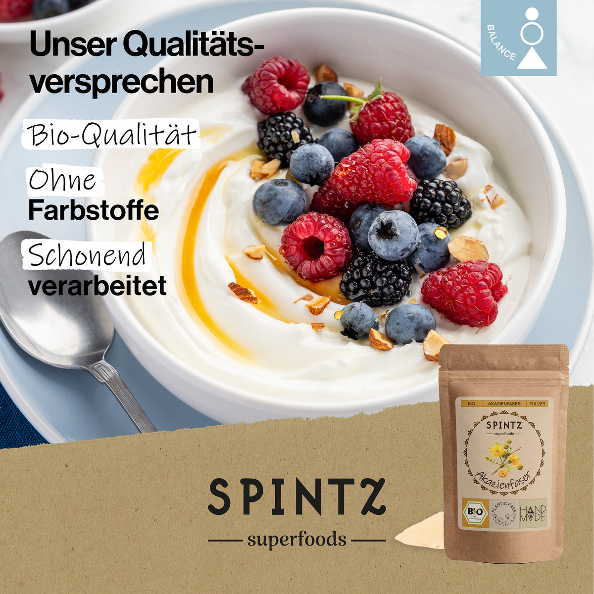 SPINTZ Bio Akazienfaser Pulver in Bio-Qualität, ohne Farbstoffe und schonend verarbeitet