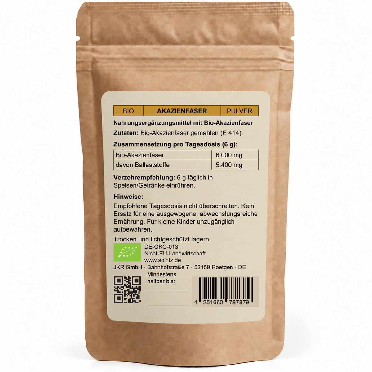 Rückseite des SPINTZ Bio Akazienfaser Pulvers mit Zutaten, 6 g Tagesmenge und Hinweisen