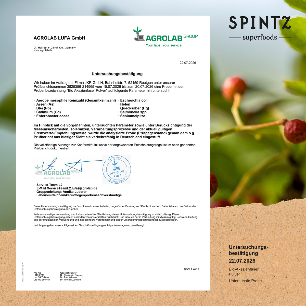 AGROLAB Untersuchungsbestätigung vom 22.07.2026 für die untersuchte Probe Bio Akazienfaser Pulver