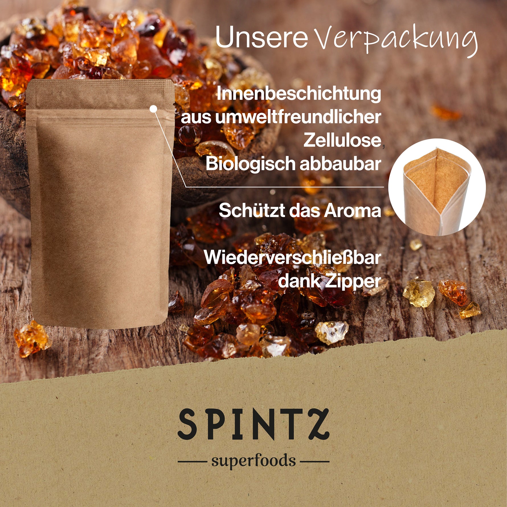 Wiederverschließbare Verpackung des SPINTZ Bio Akazienfaser Pulvers zum Schutz des Aromas
