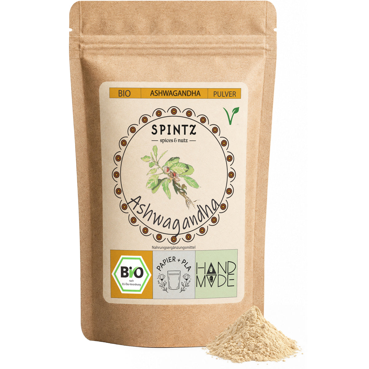 SPINTZ Bio Ashwagandha Pulver im wiederverschließbaren Papier-PLA-Beutel
