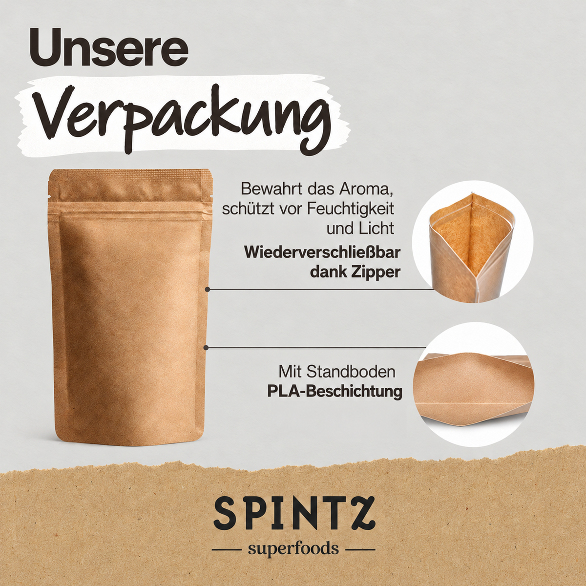 Informationen zum wiederverschließbaren SPINTZ Beutel mit Standboden und PLA-Beschichtung