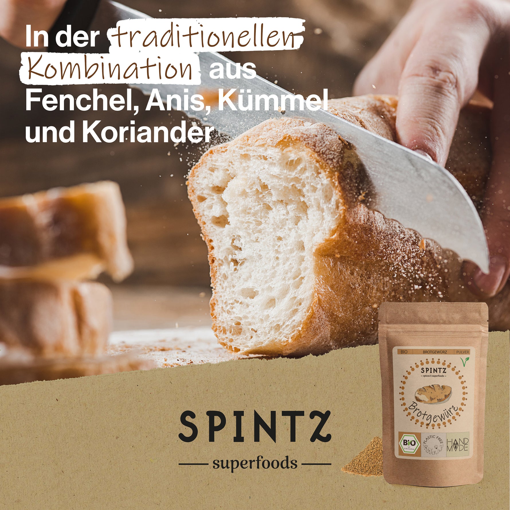 Frisches, krosses Brot mit einem Brotgewürz in traditioneller Gewürz-Kombination aus Fenchel, Anis, Kümmel und Koriander.