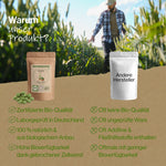 Warum unser Produkt?: Bio Chlorella Tabletten von SPINTZ im Vergleich zu anderen Herstellern, dargestellt mit Vorteilsübersicht wie zertifizierte Bio-Qualität, hohe Bioverfügbarkeit und laborgeprüfte Reinheit, vor Hintergrund eines grünen Feldes