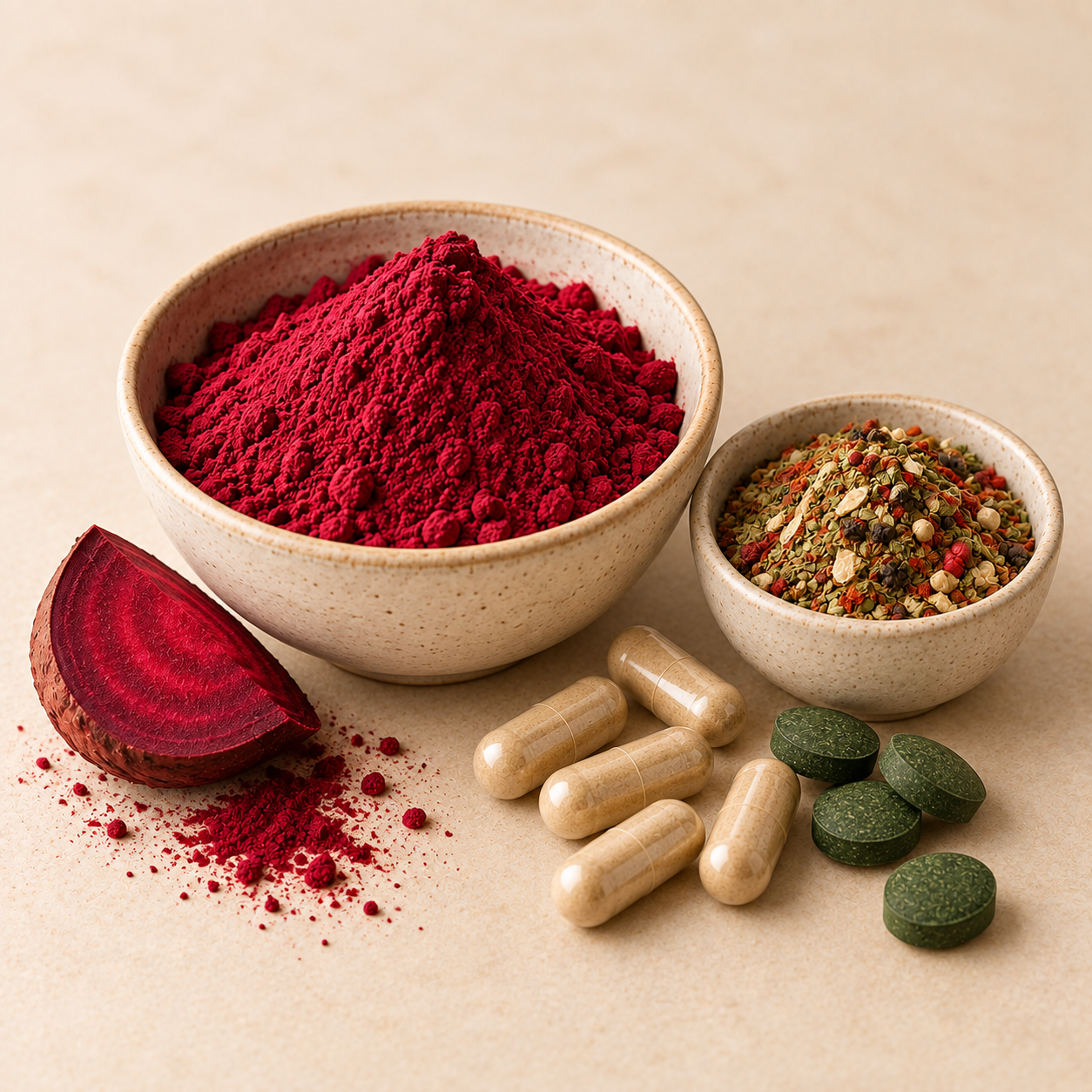 Auswahl beliebter SPINTZ Produkte mit Rote-Bete-Pulver, Gewürzmischung, Kapseln und grünen Presslingen auf hellem Naturhintergrund