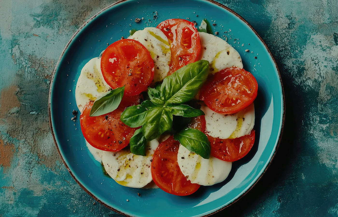 Tomate und Mozzarella mit frischen Basilikumblättern, angerichtet auf einem blauen Teller, aus der Draufsicht.
