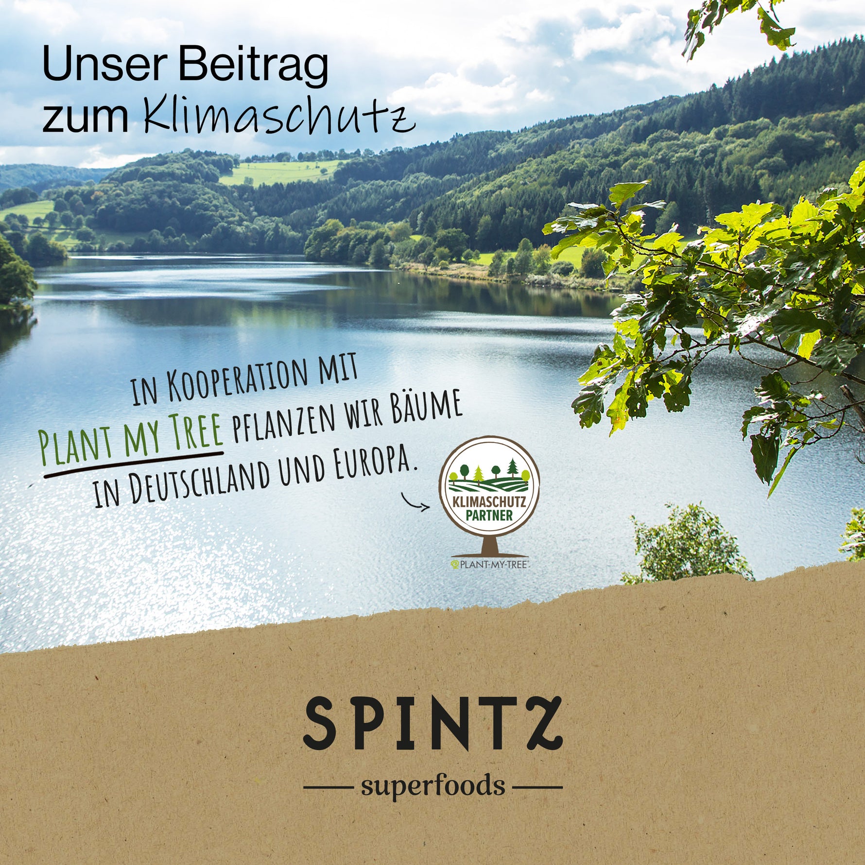 Unser Beitrag zum Klimaschutz: SPINTZ Bio-Superfoods Beitrag zum Klimaschutz – Naturaufnahme eines Sees in Deutschland, Kooperation mit Plant My Tree, nachhaltiges Engagement durch Baumpflanzungen in Deutschland und Europa, klimafreundliche Markenbotschaft