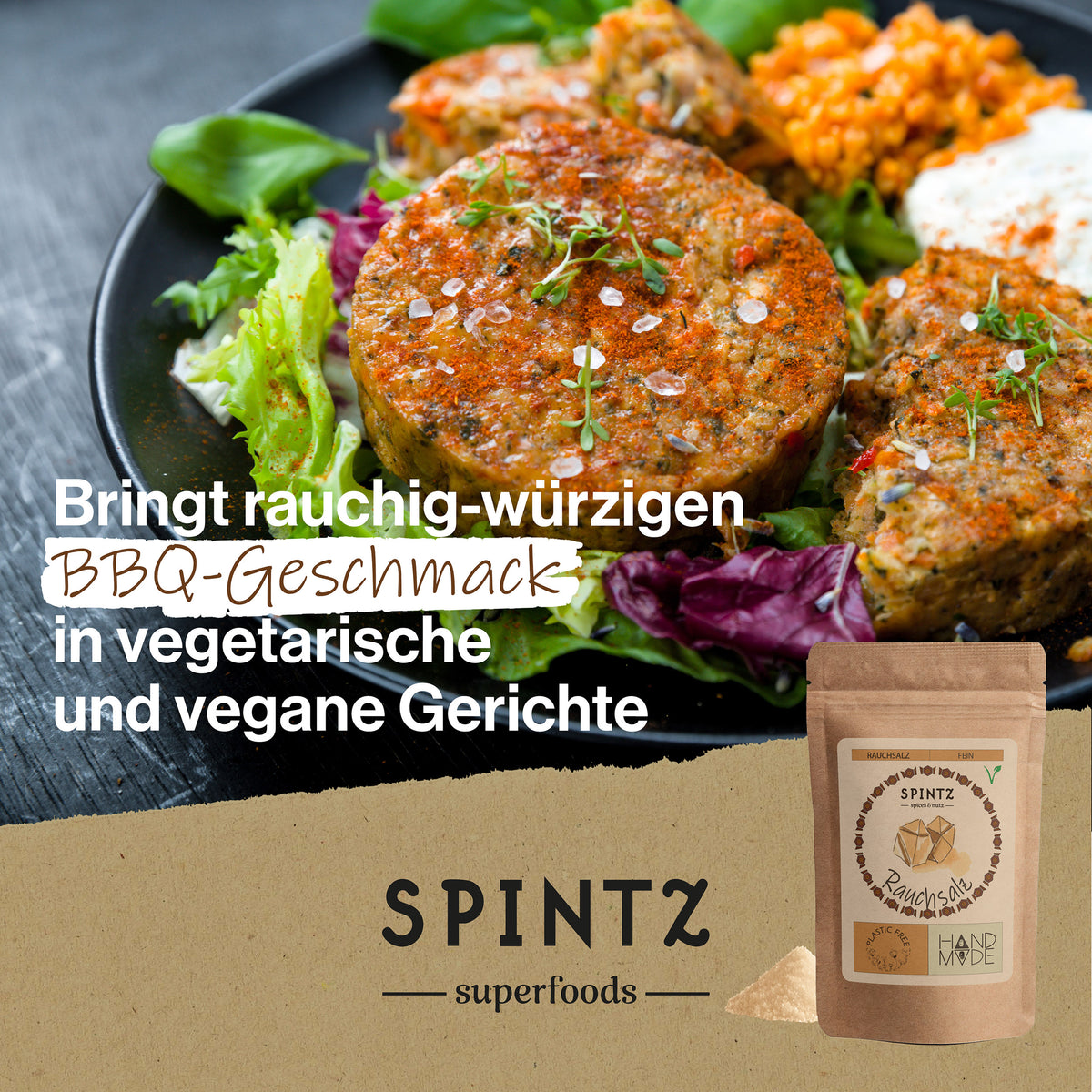 Ein Salatteller mit Gemüse-Patties: SPINTZ Rauchsalz bringt rauchig-würzigen BBQ-Geschmack in vegetarische und vegane Gerichte.