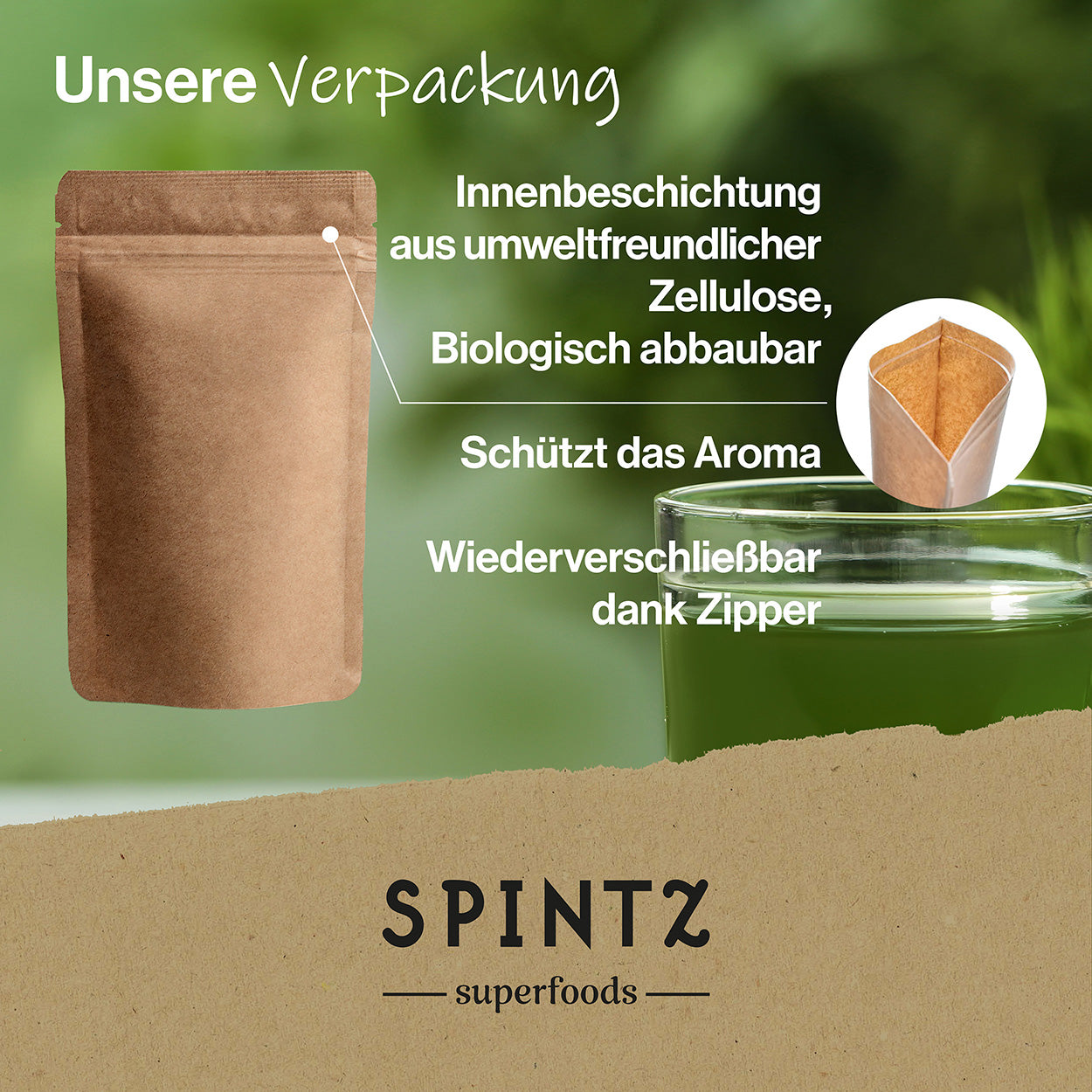 Unsere Verpackung, SPINTZ Gewürze im wiederverschließbaren Kraftpapier Doypack, aromadicht und praktisch zu lagern