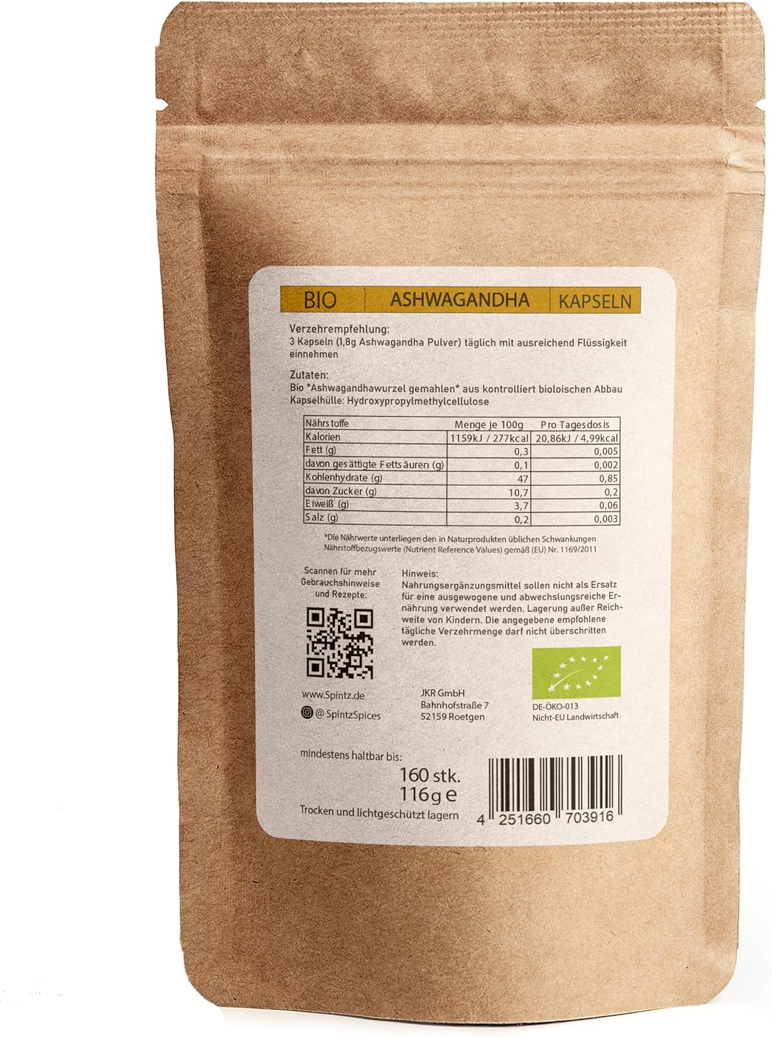Rückseite der SPINTZ Bio Ashwagandha Verpackung mit Nährwerttabelle, Bio-Siegel und Produktangaben