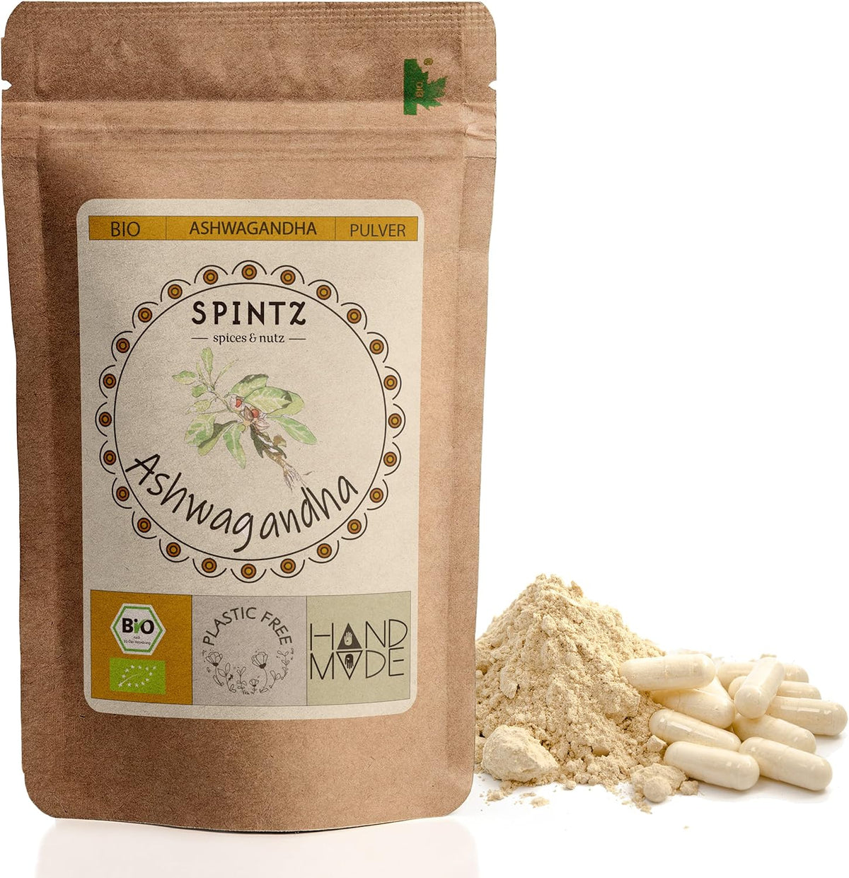 SPINTZ Bio Ashwagandha Kapseln im plastikfreien Doypack – 100 % naturbelassen, vegan und laborgeprüft