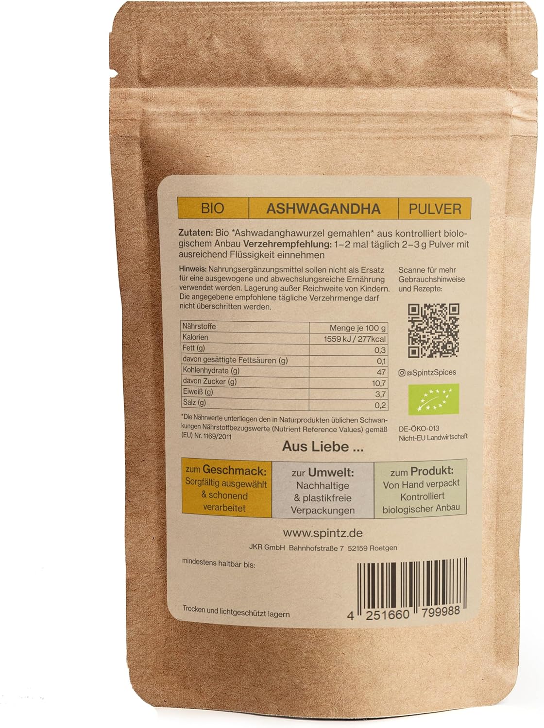 Rückseite des SPINTZ Bio Ashwagandha Pulvers – Nährwerte, Anwendungshinweise und nachhaltige Verpackungsinformationen