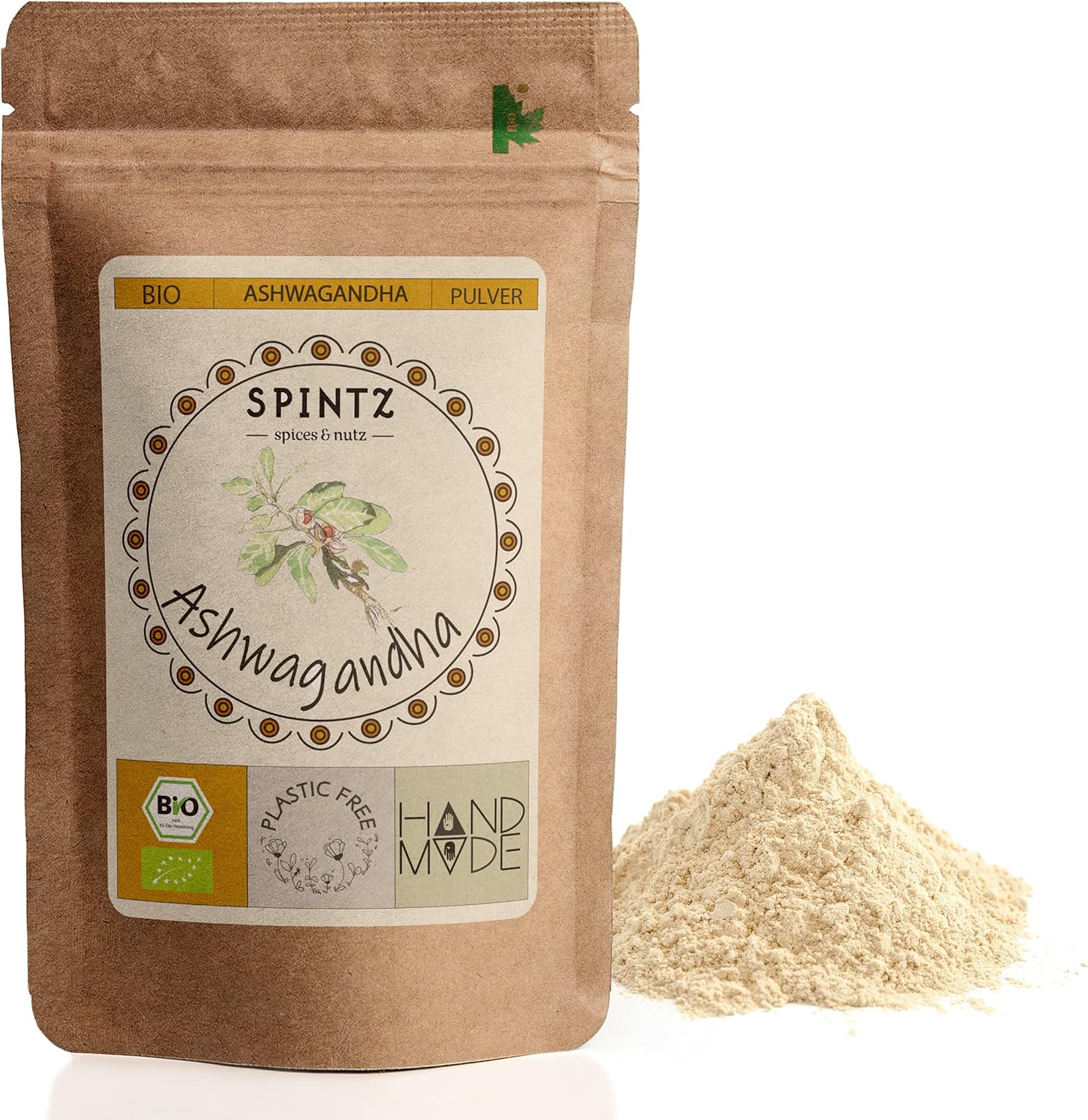 SPINTZ Bio Ashwagandha Pulver im nachhaltigen Doypack – fein vermahlenes Wurzelpulver aus kontrolliert biologischem Anbau