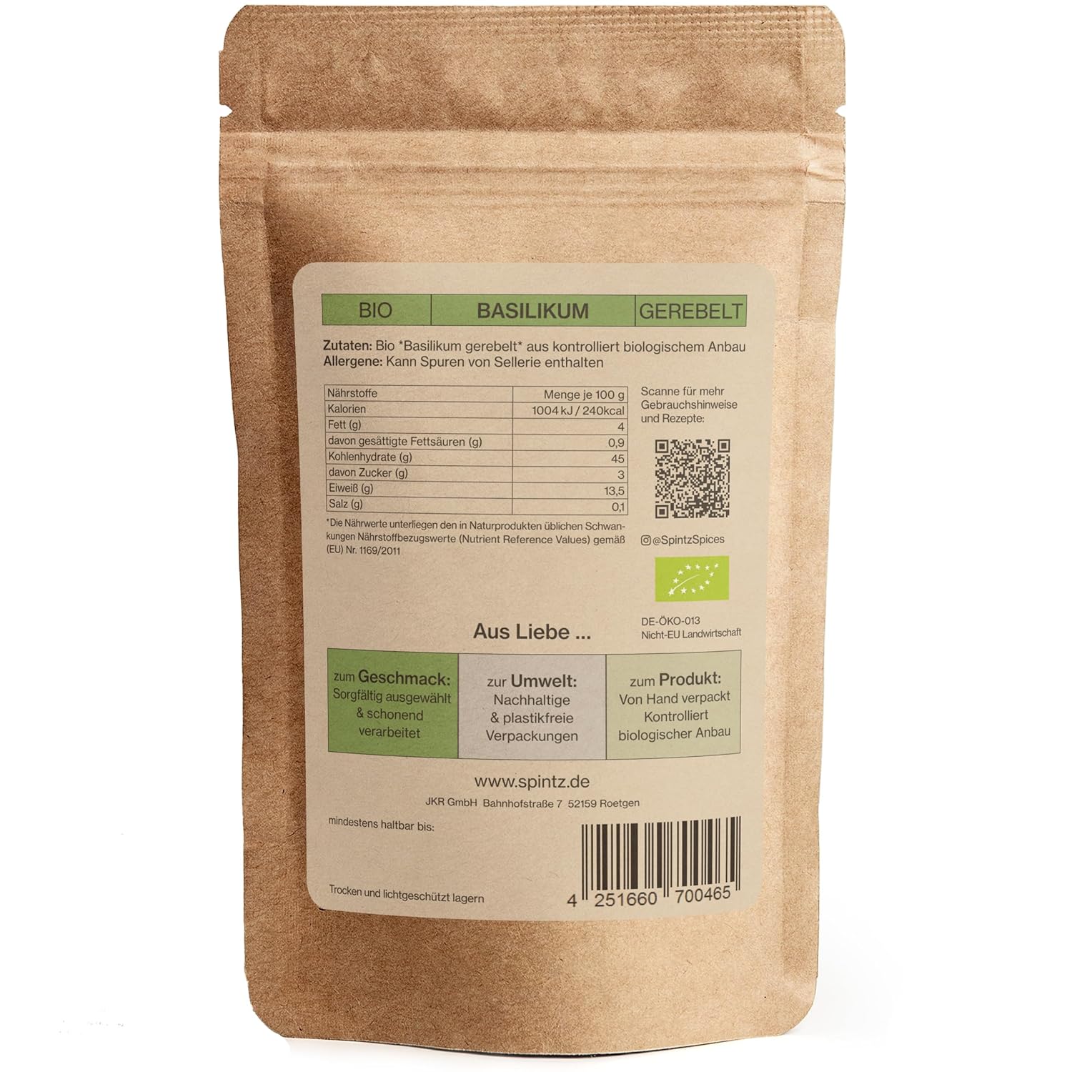 Rückseite der SPINTZ Bio Basilikum Verpackung mit Bio-Kontrollstelle, Zutaten und Nährwerttabelle