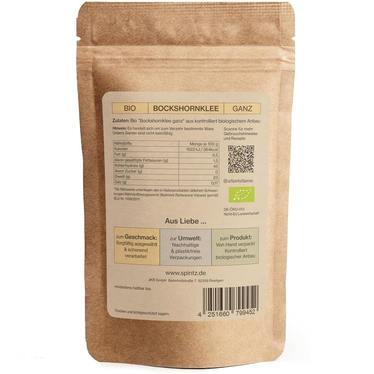Rückseite der SPINTZ Bio Bockshornkleesamen Verpackung mit Zutaten, Nährwerten und Bio-Siegel