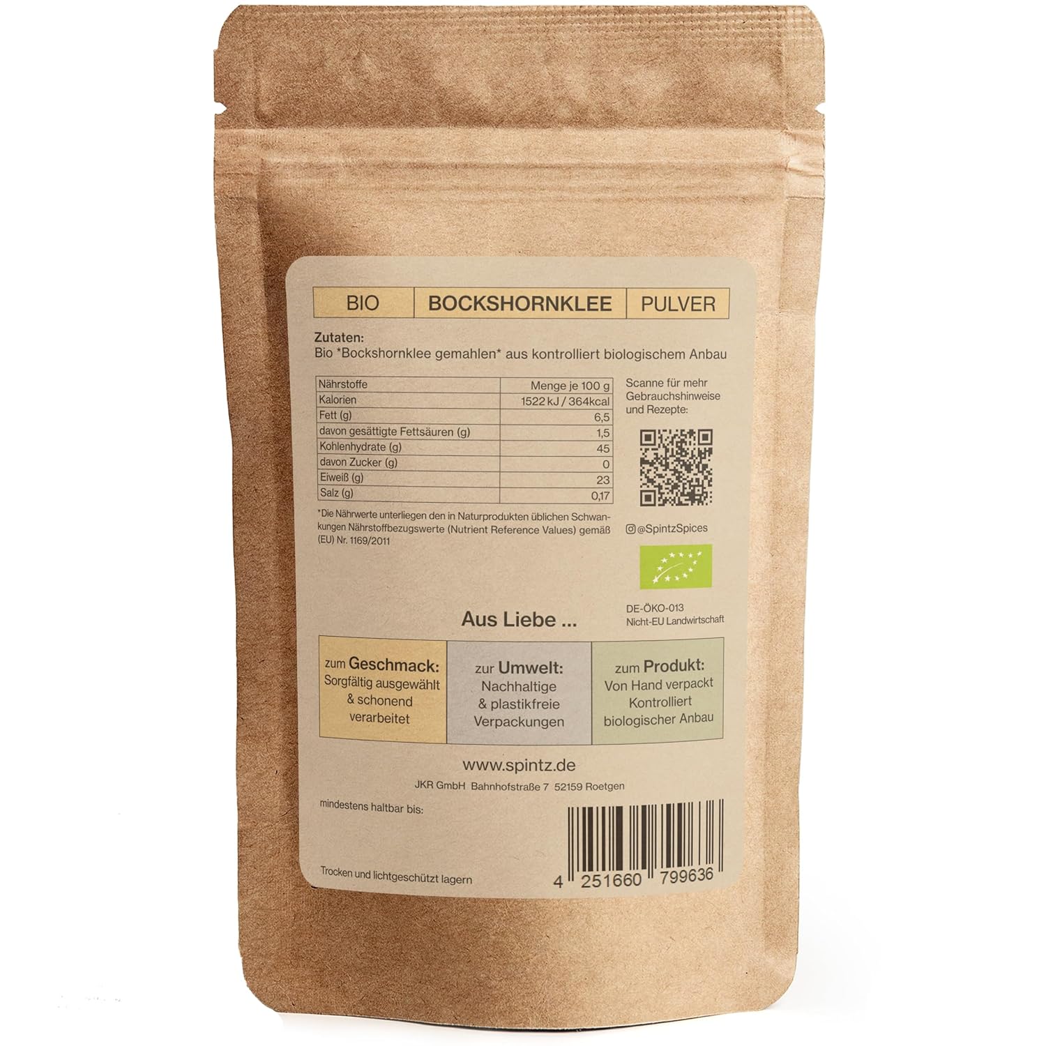Rückseite der SPINTZ Bio Bockshornklee Verpackung mit Zutaten, Nährwerten und Bio-Siegel