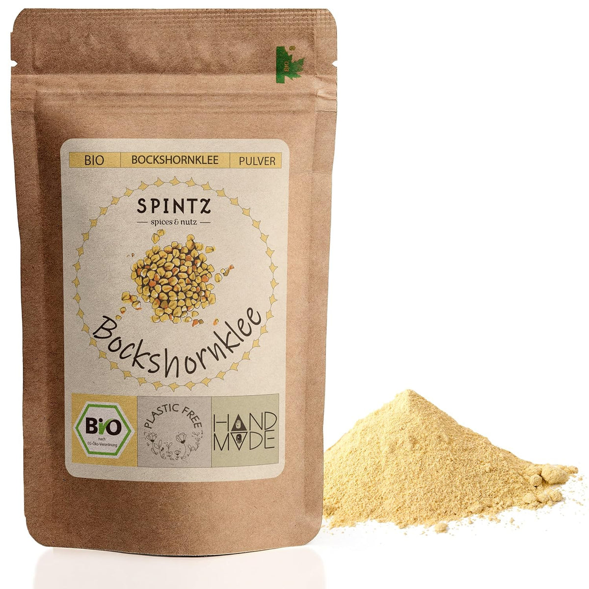 SPINTZ Bio Bockshornklee gemahlen im plastikfreien Doypack – handverpackt, aromatisch und aus kontrolliert biologischem Anbau
