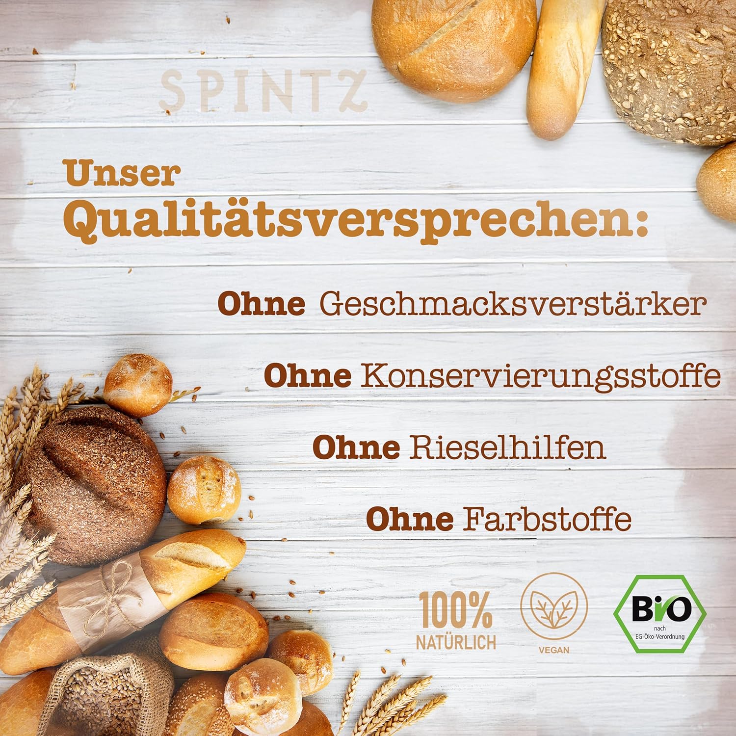 SPINTZ Qualitätsversprechen für Bio Brotgewürz – ohne Geschmacksverstärker, Konservierungsstoffe, Rieselhilfen und Farbstoffe
